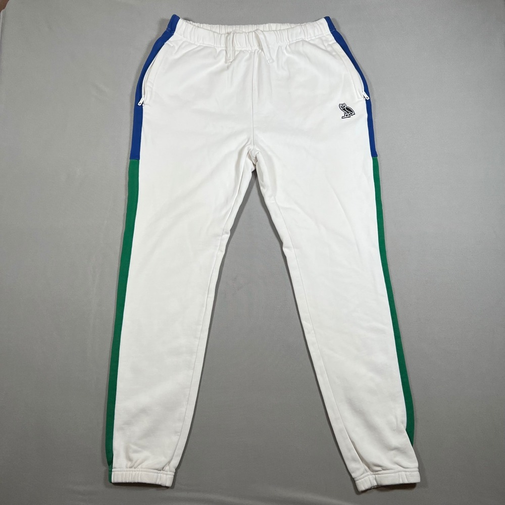 OVO October's Very Own White Striped Jogger Sweatpants Men Medium Owl Logo Drake